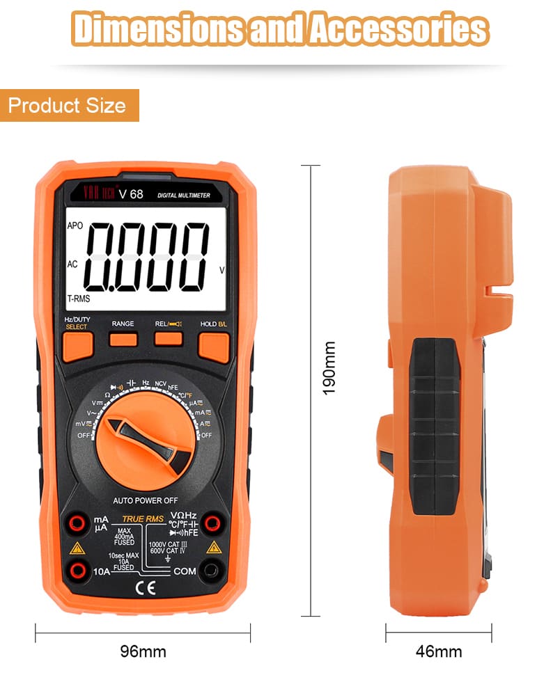 V 68 Digital multimeter True RMS Auto ranging 1000V DC 750V AC 20A DC AC