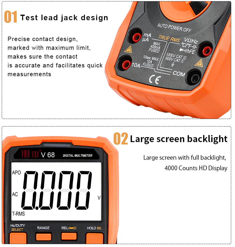 V 68 Digital multimeter True RMS Auto ranging 1000V DC 750V AC 20A DC AC